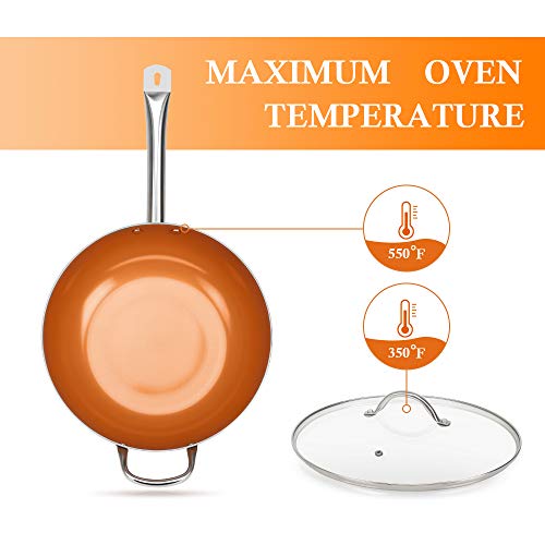 SHINEURI Copper 12 Inch Frying Pan, Wok and Stir Fry Pans with Lid, Nonstick Ceramic Copper Skillet with Stainless Steel Handle, Saute Pan for Cooking Saute Vegetables, Steaks, Induction Compatible