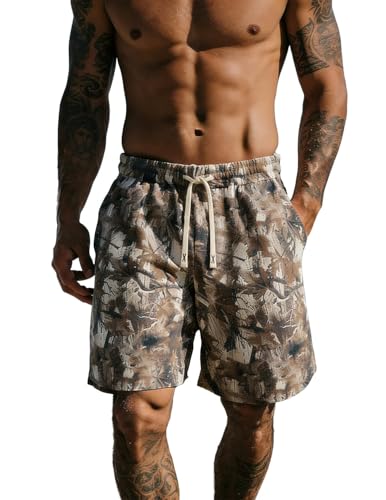 UOUA Mens Mesh Camo Graphic Shorts Vintage Designer Workout Shorts Casual Cool Streetwear Waist Pants
