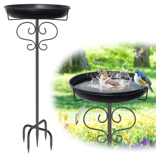 DAYSUP 40In Bird Baths for Outdoors, Metal Birdbath Birdfeeder with Heavy Duty 5 Prong Stake, Vintage Detachable Bird Bath Water Feeder Bowl for Garden Yard Lawn Decor Black