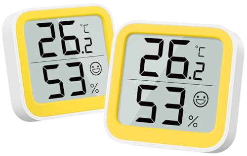 NOKLEAD Thermomètre Humidimètre Intérieur Mini Hygromètre Moniteur Appareil de Mesure de la Température Ambiante avec Icône de Visage Indicateur de Confort ℃/℉ Interrupteur pour Chambre de Bébé jaune