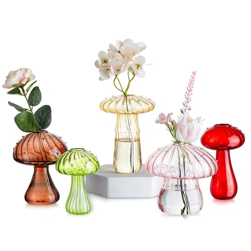 Glasseam Pilzförmige Glasvase, Deko Vase Bunt 5er Set, Blumenvase Modern,...