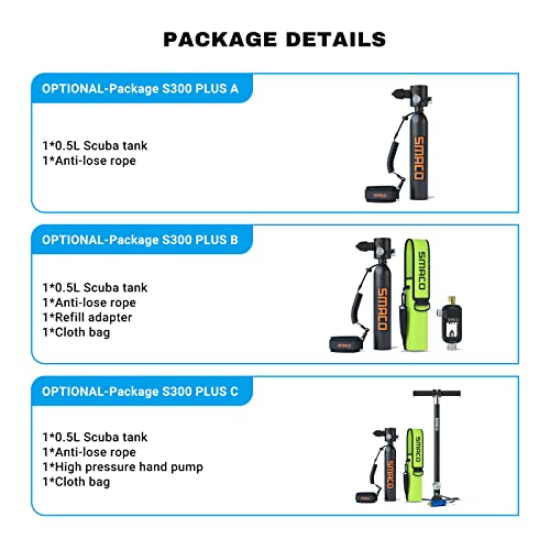 Smaco S300 Plus Mini Scuba Tank 0.5L Portable Mini Diving Tank Reusable Pony Bottle —Dot Certified Tank With 5-10 Minutes Backup Diving Air Tank Kit Oxygen Cylinder For Underwater Exploration Rescue #TOP6