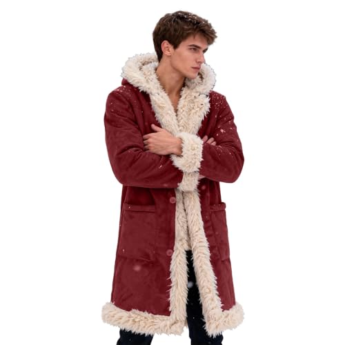 Mens Christmas Santa Claus Coat Xmas Faux Fur Trim Long Cardigan Hoodies Winter Heavyweight Sherpa Lined Trench Coats