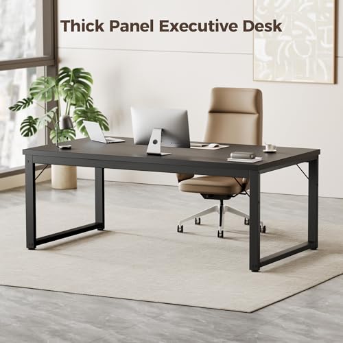 Image of Mericonia 48 Inch Computer Desk, 1 inch Thick Small Office Table, Black | Modern Simple Style, Heavy Duty Industrial Frame, Small Study & Writing Table for Home Bedroom Work