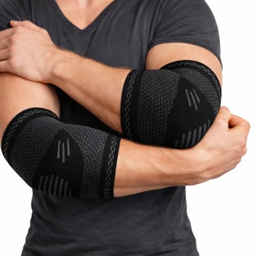 Image of WELLESA Elbow Support Sleeve for Men & Women | Compression Brace for Pain Relief, Stability & Injury Recovery | Ideal for Sports, Gym, Running & Workouts | Pack of 2 (Black & Grey) (S)