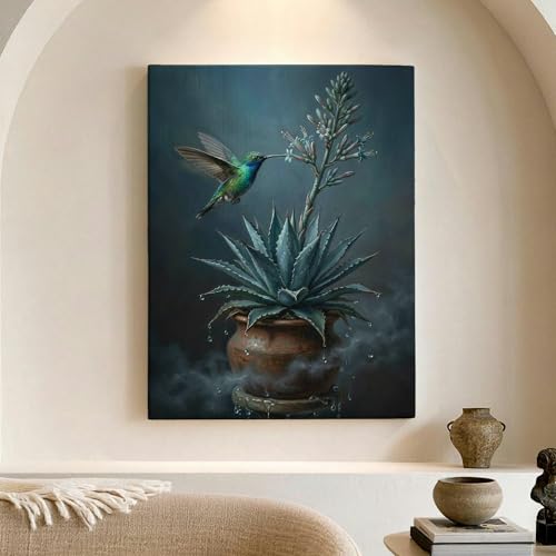 Arte de pared de colibrí y plantas naturales para crear un salón relajante y estético
