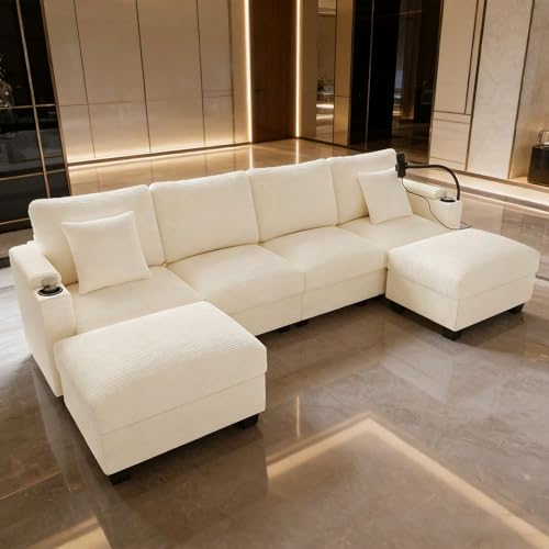 Sofá cama modular con cable en U beige - Sofá cama esquinero con soporte para teléfono integrado y USB - Versátil para salón y dormitorio