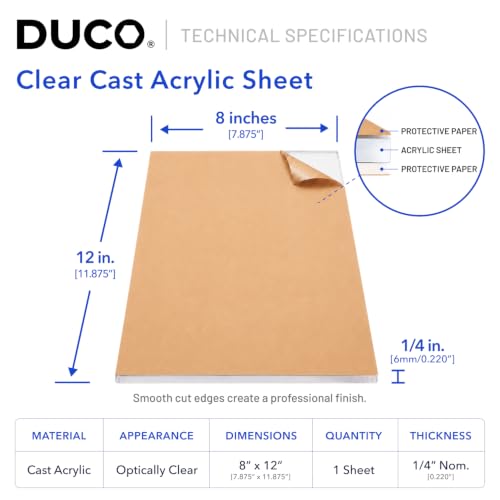 Image of Duco 1 /4 inch Clear Cast Acrylic Sheet, 8 inchx12 inch Plexiglass Sheet, 1 Pack