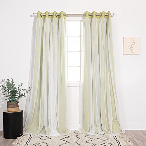 Best Home Fashion Set of 2 Tulle Overlay Star Cut Out Silver Grommet Curtains for Bedroom, Living Room, Kids Room, Sun Blocking Thermal Insulated Blackout Window Curtains (Sage, 52