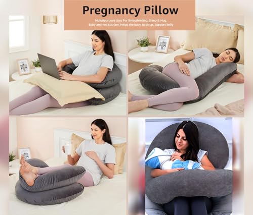 Image of Amazon Basics Velvet Full Body Pregnancy Pillow for Maternity, Baby Nursing, Full Body Support|Perfect Baby Shower Gift|C-Shaped-Washable Cover with Zip-Grey, Velvet