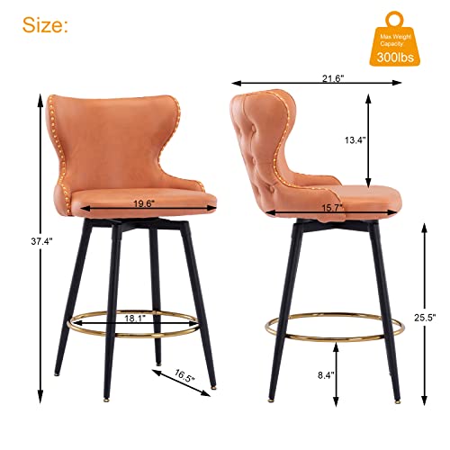 Counter Height Bar Stools Set Of 2, 180°Swivel Bar Stools With Back And Nailhead Trim,25 Inch Leathaire Fabric Counter Stool, Upholstered Barstools For Kitchen Island, Home Bar, Pub,Orange #TOP2