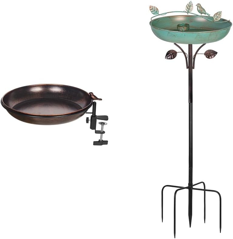 DREAMSOUL Deck Mounted Metal Bird Bath + 5 Prongs Base Bird Bath with Metal Stake, for Garden Patio Yard Decoration