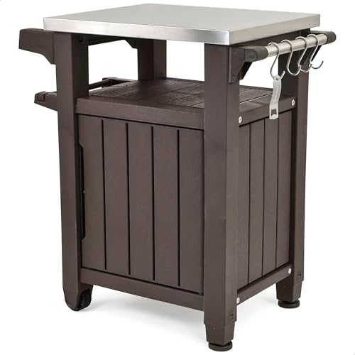 Keter Unity Portable 40 Gal Outdoor Table and Storage Cabinet w/Accessory Hooks, Stainless Steel Top for Patio Kitchen Island or Bar Cart, Dark Brown