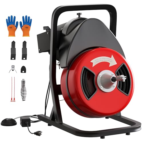Drain Cleaner Machine 50FT x 1/2 Inch Steel Core Cable Portable 250W Electric Drain Cleaning Machine