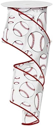 Baseball Wired Edge Ribbon (2.5 Inches, Dark Pink White) - 50 Yards