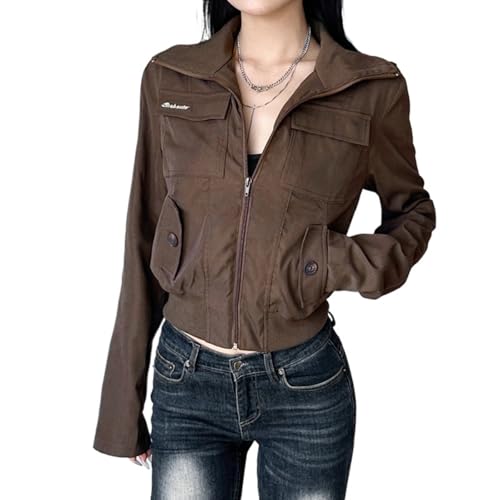 Monkay Womens Bomber Jacket Slim Fit Zip Up Cargo Jackets Y2K Cropped Outfit Vintage Casual Street Spring Fall Coat