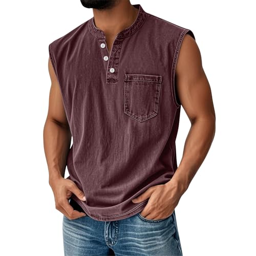 Sleeveless Shirts for Men Tall Cotton Summer Distressed Washed Tank Tops Men Henley Button Up V Neck Polo Shirts Vintage Retro Relaxed Fit Solid Tee Top with Chest Pocket Brown L