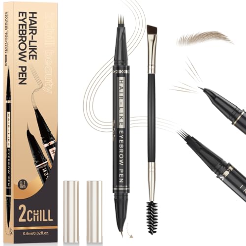 2CHILL 30° Curved Eyebrow Pencil, Magic 2 in 1 Eyebrow Pen Pro, Waterproof Eye Brow Pen with 4 Tips, Vivid Microblading Brow Pencils for Women, Last All Day Makeup (02 Brown)