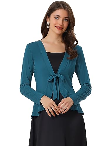Image of Allegra K Women's Tie Front Sweater Dressy Casual Cardigan Draped Ruffle Shrugs for Women Dresses X-Large Blue Green