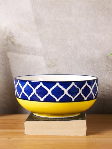 Image of Niyara Stoneware Handmade Ceramic Stylish Premium Serving Bowls /Salad Tray Microwave Dishwasher Safe Set of 4 (Yellow Moroccan Print)