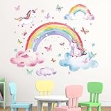 Mfault Watercolor Rainbow Unicorn Wall Decals Stickers, Clouds Butterfly Stars Nursery Decorations Baby Bedroom Art, Toddlers Kids Girls Boys Room Playroom Decor