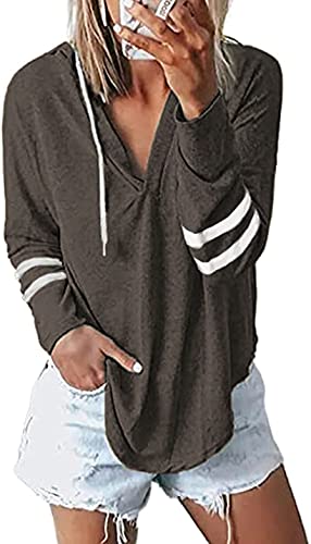 Image of Womens Long Sleeve V Neck Hoodie Sweatshirts Lightweight Pullover Tops