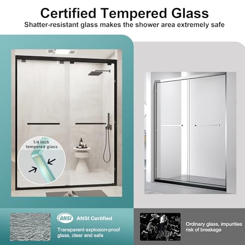 KPUY Glass Shower Door, 56-60\" W x 76\" H Semi-Frameless Shower Door, Double Sliding Shower Door with 1/4\" (6mm) Thick Tempered Clear Glass, Shower Glass Door with Explosion-Proof Film in Matte Black - Thumbnail 3