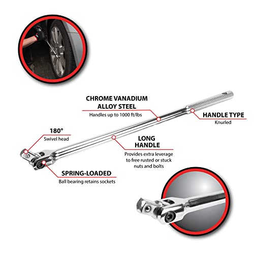 Performance Tool W32119 1/2-in Drive Flex Handle Home Improvement Hand Tool, Silver, 15-Inches, Silber, 1/2" Dr 15" Flex Handle - Image 2