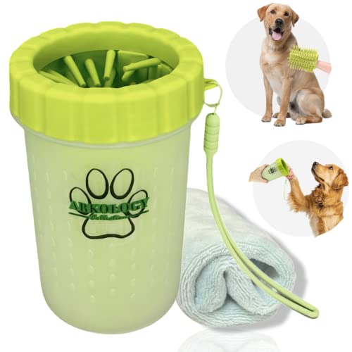 Arkology Dog Paw Cleaner & Pet Grooming Brush - Medium Size, Green Portable Pet Paw Washer with Green Towel, Soft Silicone Brush and Green Silicon Strap