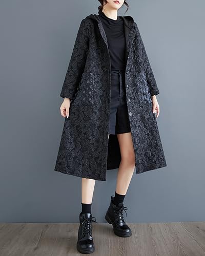 ellazhu Women's Coat Long Sleeve Button Down Hooded Two Side Pockets Floral Pattern Flowy Hem Loose GZ3032