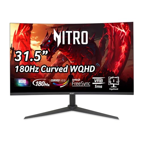 acer Nitro 31.5 Inch WQHD 2560 x 1440 1500R Curved PC Gaming Monitor | AMD FreeSync | Up to 180Hz Refresh | 1ms VRB | Speakers | One Display Port 1.4 & Two HDMI 2.0 | XZ320QU S3bmiiphx