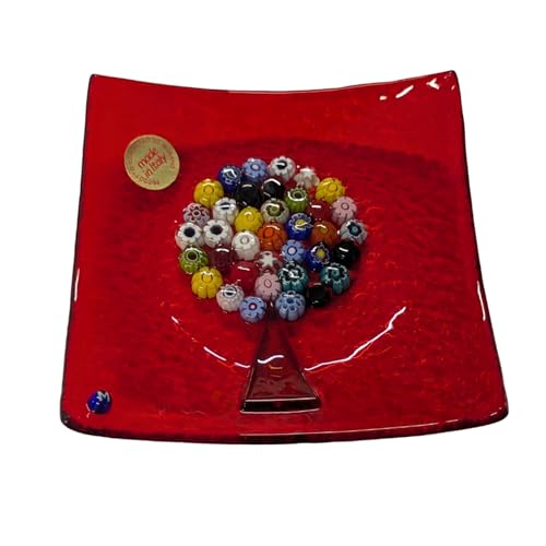 Vide-poches en verre de Murano 16 x 16 cm, arbre de vie avec Murrine Millefiori fabriqué à la main en Italie, Artistique, plateau en verre de Murano centre de table,...