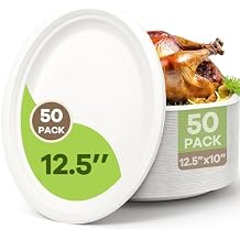 100% Compostable Oval Paper Plates, 12.5Inch 50Pack Disposable Heavy Duty Bagasse Platters Eco-Friendly Biodegradable Sugarcane Plates for BBQ, Party, Picnic - Off White