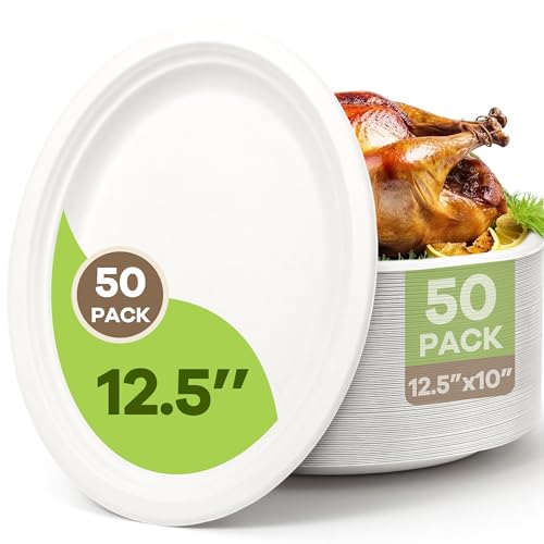 FEHHTO 100% Compostable Oval Paper Plates, 12.5Inch 50Pack Disposable Heavy Duty Bagasse Platters Eco-Friendly Biodegradable Sugarcane Plates for BBQ, Party, Picnic - Off White