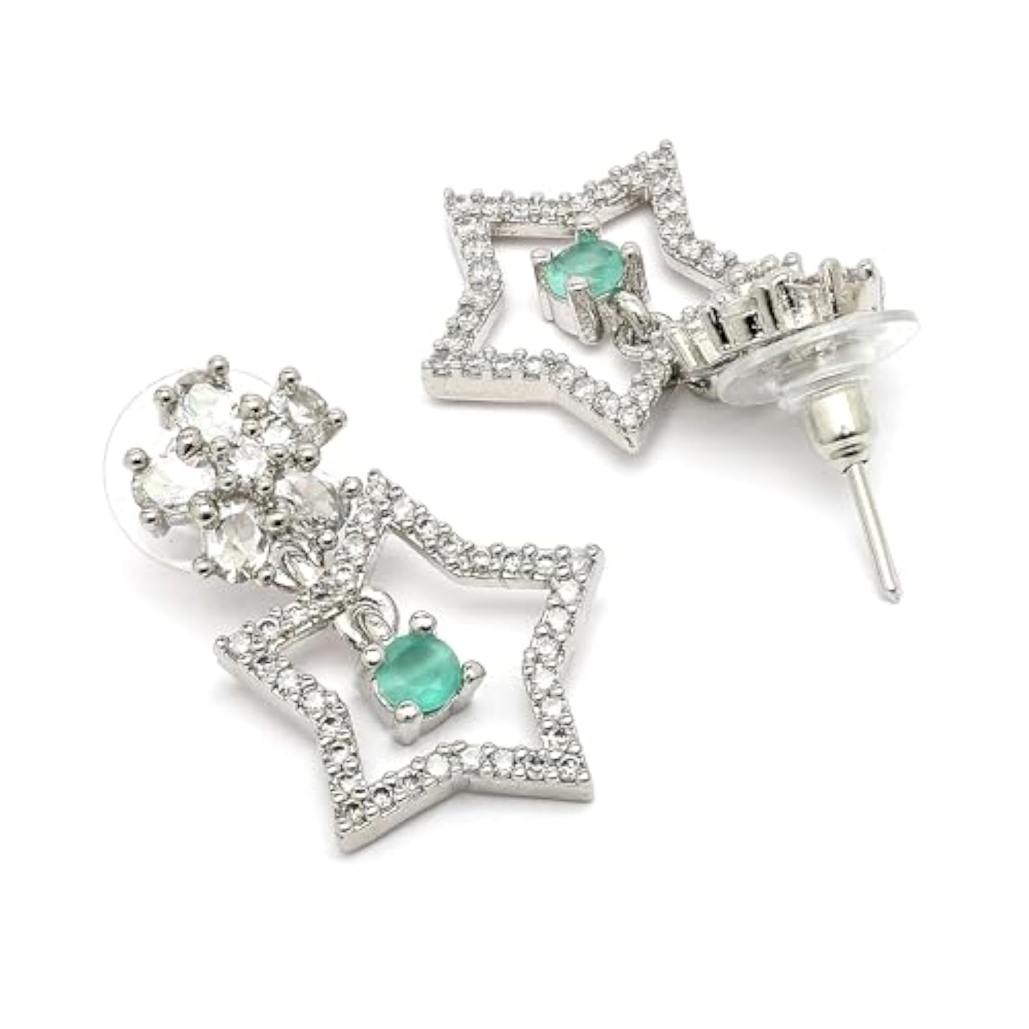 Women's Rhodium Plated Starry Floral American Diamond Drop Earrings
