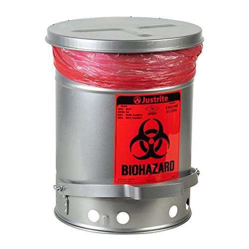 Image of Justrite 05914 SoundGuard Steel Biohazard Waste Container with Foot Operated Cover, 6 Gallon Capacity, 11-7 /8 inch OD x 15-7 /8 inch Height, Silver