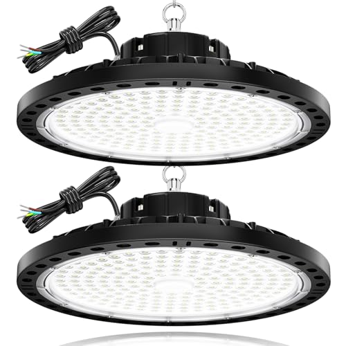 TOPAUBUB 200W UFO Focos LED Interior Techo 2 Piezas, Lamparas LED Techo 20000LM IP65 6500K con Cadena Metálica de 30CM, Driver, Foco Industrial para Garaje