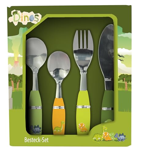 Dinosaurier 4tlg. Besteckset für Jungen und Mädchen, 4-teiliges Kinder-Besteckset aus Edelstahl mit Kunststoffgriffen und Dino Aufdruck, beinhaltet Messer, Gabel, Suppenlöffel und Dessertlöffel