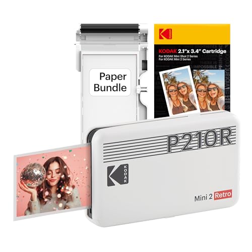 KODAK P210 Mini 2 Retro, Mobiler Farbig Fotodrucker, Kompatibel mit Smartphone (iOS & Android), Bluetooth, 54x86 mm, 4Pass-Technologie, Laminierung, 38 Blatts, Weiß