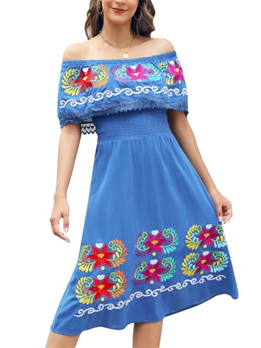 Mexican Dress Women Embroidered Traditional Off Shoulder Fiesta Cinco Mayo Outfit Hispanic Heritage Mexico Style Celebration Floral Mujer para De Dia Los Muertos Vestidos Floral RoyalBlue