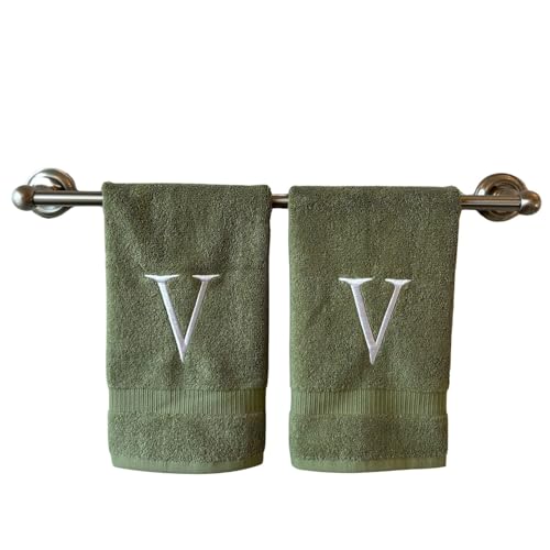 Sage with White Monogrammed Hand Towels for Bathroom - Set of 2 Letter V
