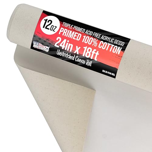 U.S. Art Supply 24' Wide x 6 Yards (18 Feet) Long Unstretched Canvas Roll - 100% Cotton, 12-Ounce Triple Primed Gesso, Acid-Free - Pro Artist Quality, Oil & Acrylic Painting, Murals Backdrop, Cut Size