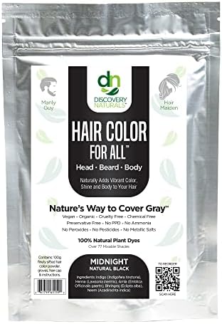 Discovery Naturals - Midnight Natural Black Natural Henna Hair Color For Men & Women, 100% Natural & Chemical-Free Dye for Hair & Beard, Easy To Use & Blends Well In Hair