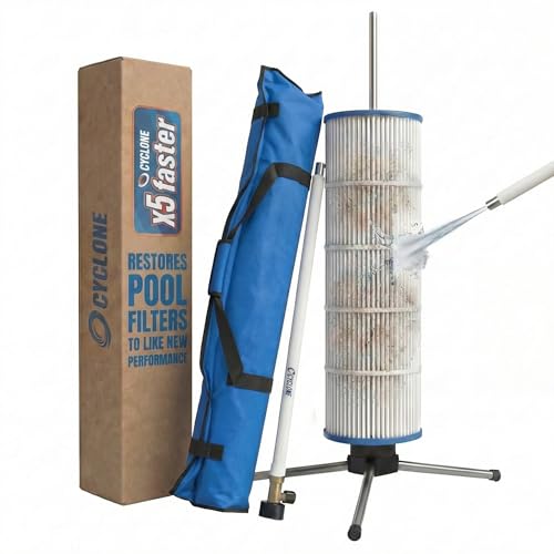 CYCLONE FILTER CLEANER PRO Patented Hose-Powered Spinning Cartridge Filter Cleaning Tool with Folding Tripod Stand & Pro Tool Bag Cleans 5X Faster Fits 3 4 6 ID Pool Filters