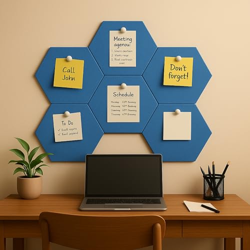 Image of MMT Acoustix PinFelt Hexagon Bulletin Board - Set of 7 12x12 inch Felt Office Pin Board Tiles for Notes Reminders & Work Organisation Self-Adhesive, Pin-Friendly, Acoustic Panels for Wall (Carolina)