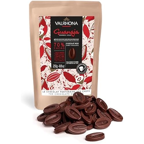 Valrhona Premium French Baking Dark Chocolate Discs (Feves). Classic GUANAJA 70% Cacao. Easy Melt. Easy to chop. Intense & Smooth with Bitter Notes. Sauces, Cakes, Mousses, Frostings 250g (Pack of 1)
