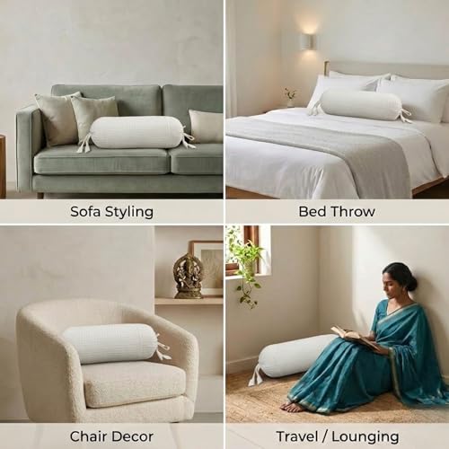 Image of SAJAVAT HOME 100% Cotton Waffle Bolster Cover Pack of 2 | Textured Decorative Bolster Pillow Covers for Sofa, Bed & Couch | Soft Breathable All-Season Cylindrical Cushion Covers | White