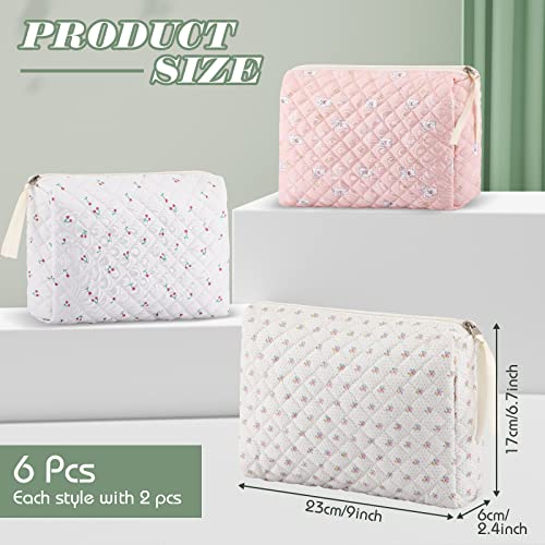 Sweetude 6 Pcs Quilted Makeup Bag Cotton Cosmetic Bag Cute Flower Aesthetic Large Floral Makeup Pouch Coquette Travel Toiletry Kawaii Stuff supplies for Women Girls2