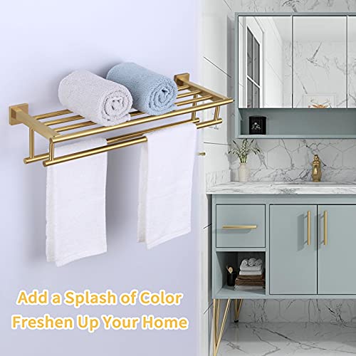 Bathroom Towel Shelf With Holder, Angle Simple Sus304 Stainless Steel Bath Towel Rack With Double Towel Bar, Wall Mount, Brushed Gold, 24-Inch #TOP2