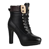  Gefütterte Damen Worker Boots Holzoptikabsatz Stiefeletten Schuhe 149015 Schwarz Braun 36 Flandell